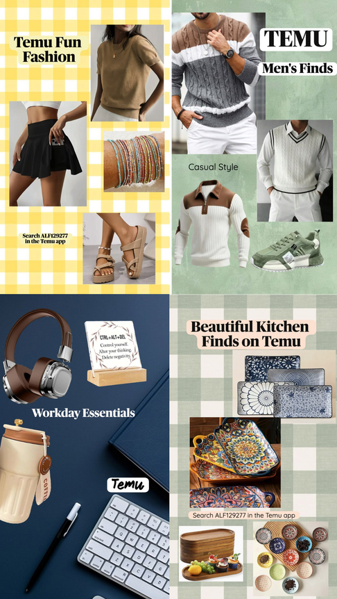 Collage of fashion, workspace, home, and lifestyle products including clothing, accessories, headphones, and desk items.