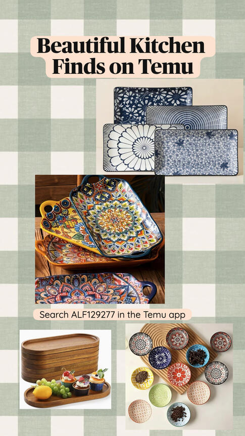 Kitchen and home décor collage featuring serving trays, dishes, bowls, and decorative tableware.