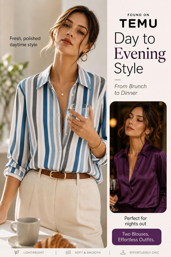 Day-to-evening women's outfit inspiration featuring a blue striped blouse for daytime and a purple satin blouse for evening style, inspired by Temu fashion finds.